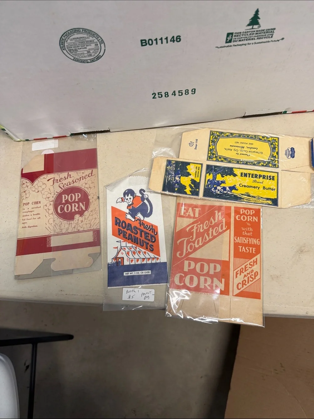 Vintage Popcorn Boxes, Butter Box, Peanut Sack 4 Piece Lot